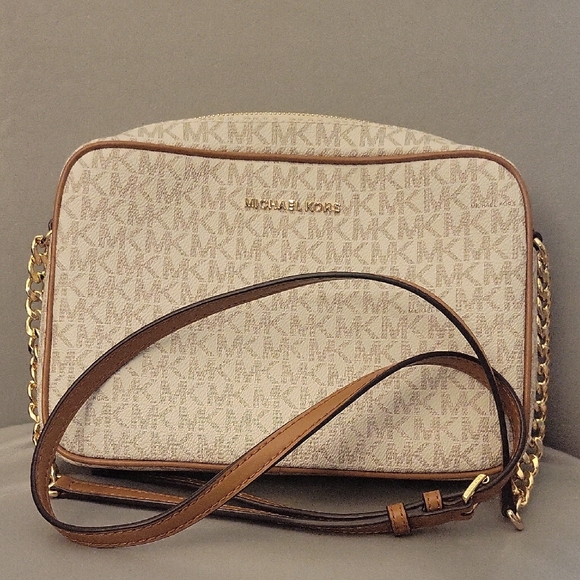 Michael Kors Monogram Beige and Brown Crossbody Bag - Picture 1 of 6